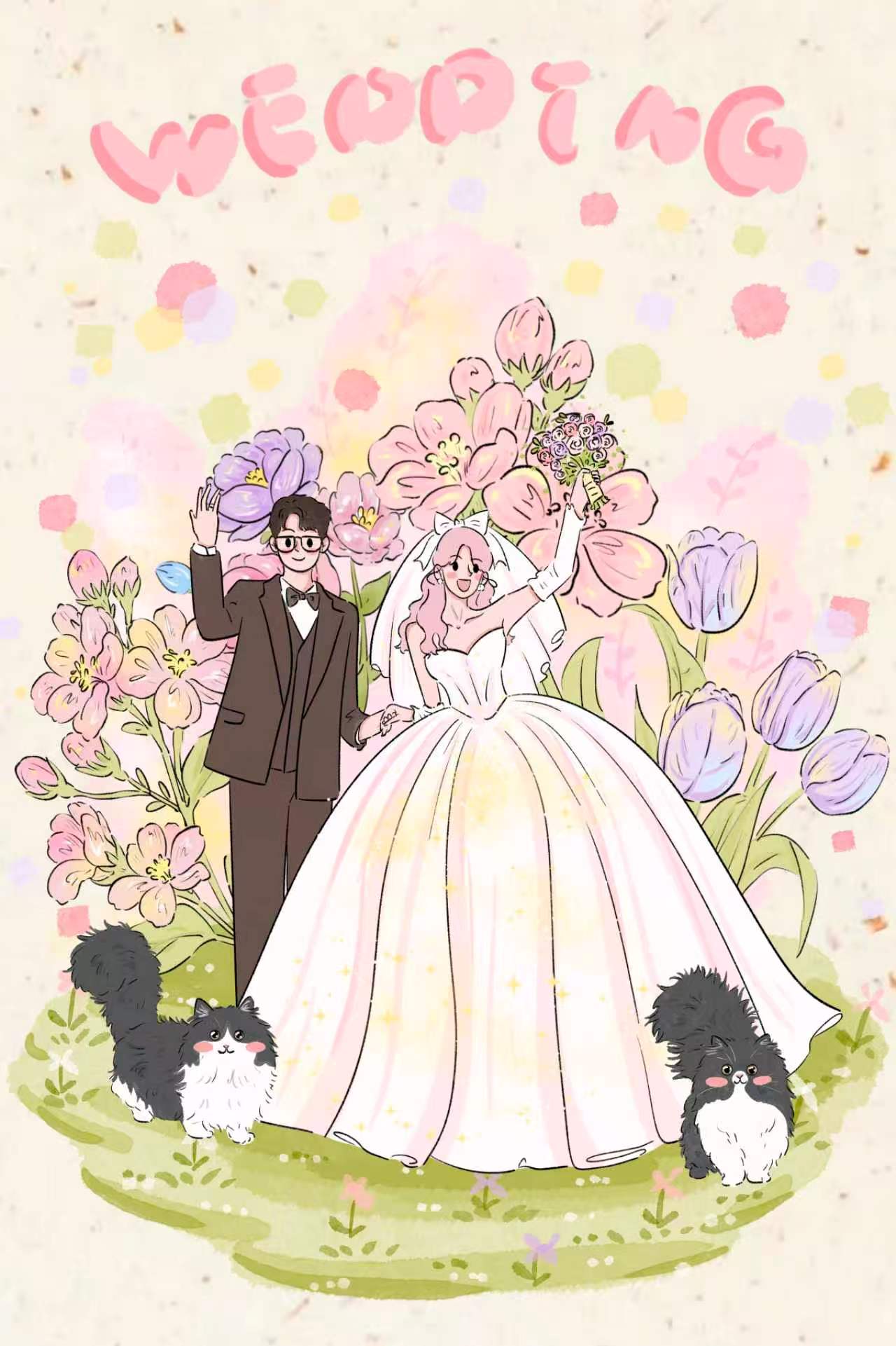 新人携手与肉包、泡芙一起站在花园里的手绘插画